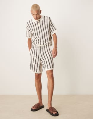 Asos Design Relaxed Crochet Knit Button Up Polo Shirt With Stripe Pattern In Brown