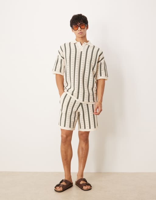 ASOS DESIGN relaxed crochet knit polo with stripe pattern in ecru and dark green - part of a set