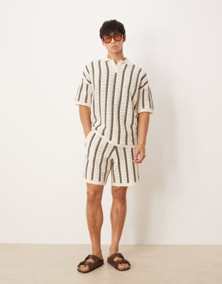 asos ASOS DESIGN relaxed crochet knitted polo and shorts co-ord in ecru and green