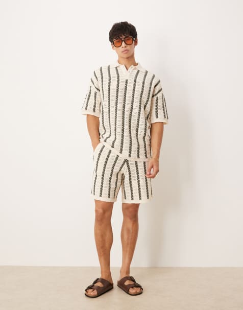 ASOS DESIGN relaxed crochet knitted polo and shorts co-ord in ecru and green - view 1