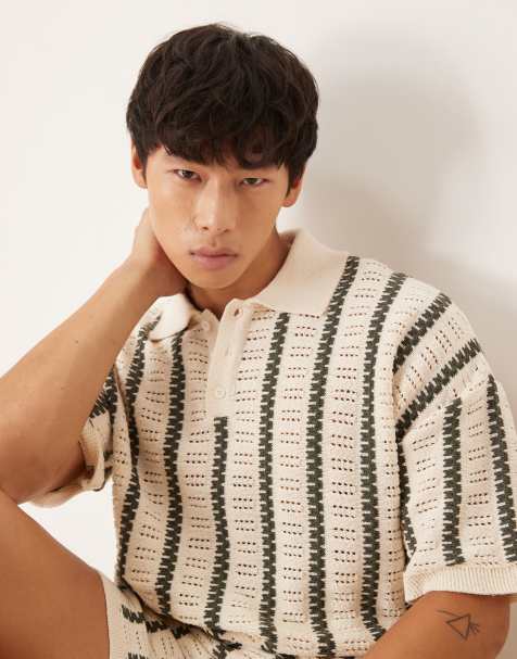 ASOS DESIGN relaxed crochet knitted polo with stripe pattern co-ord in ecru and dark green - view 1
