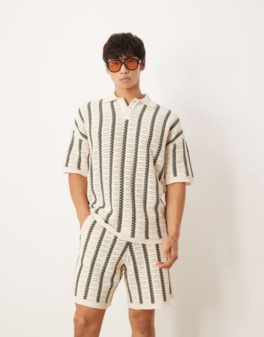 ASOS DESIGN relaxed crochet knitted polo with stripe pattern co-ord in ecru and dark green, 3 of 4