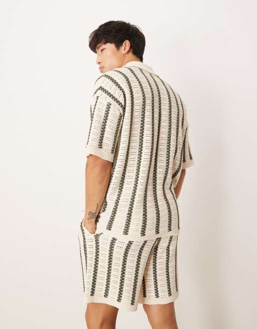 ASOS DESIGN relaxed crochet knitted polo with stripe pattern co-ord in ecru and dark green, 4 of 4