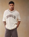 [ASOS DESIGN] ASOS DESIGN relaxed crochet knitted t-shirt with varsity pattern and city text in ecru-Neutral 2XL Ecru