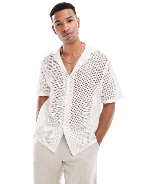 ASOS DESIGN relaxed crochet shirt with revere collar in ecru - view 1