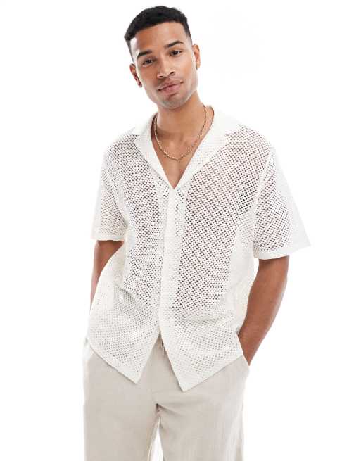  ASOS DESIGN relaxed crochet shirt with revere collar in ecru