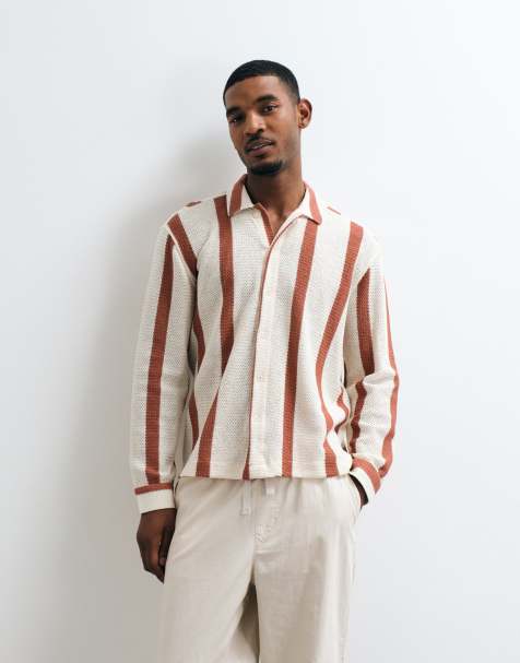 ASOS DESIGN relaxed crochet stripe shirt with placket detail in beige - view 1