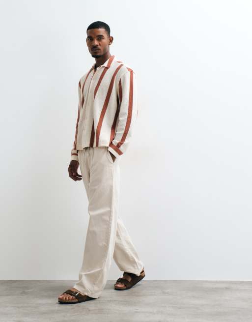 ASOS DESIGN relaxed crochet stripe shirt with placket detail in beige, 2 of 5