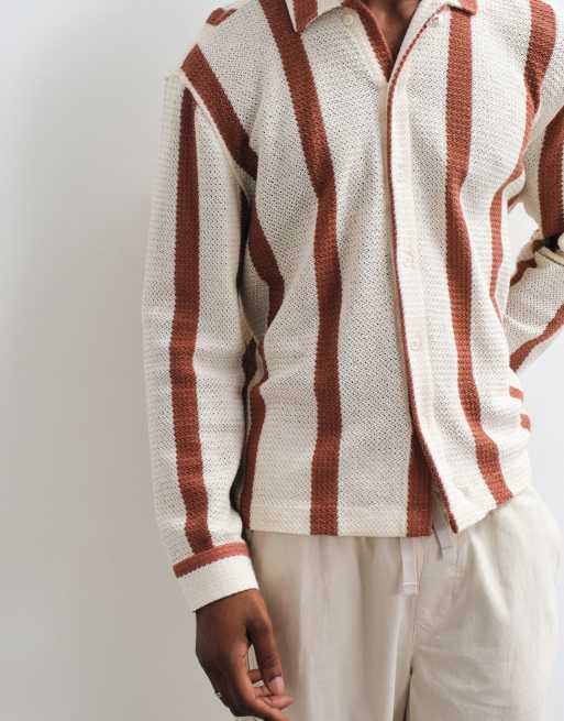 ASOS DESIGN relaxed crochet stripe shirt with placket detail in beige, 3 of 5