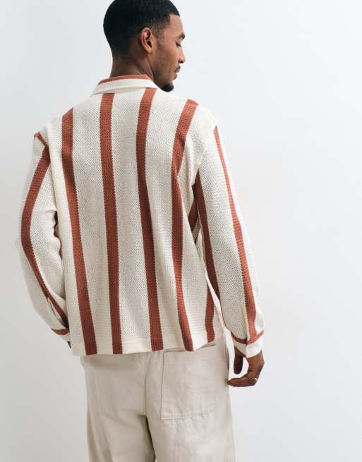 ASOS DESIGN relaxed crochet stripe shirt with placket detail in beige, 5 of 5