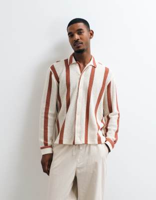 Asos Design Relaxed Crochet Striped Shirt With Placket Detail In Neutral