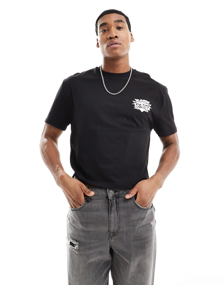 ASOS DESIGN relaxed crop t-shirt in black with knight crest chest print