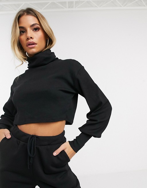 ASOS DESIGN relaxed crop top with slouchy roll neck in soft rib in black