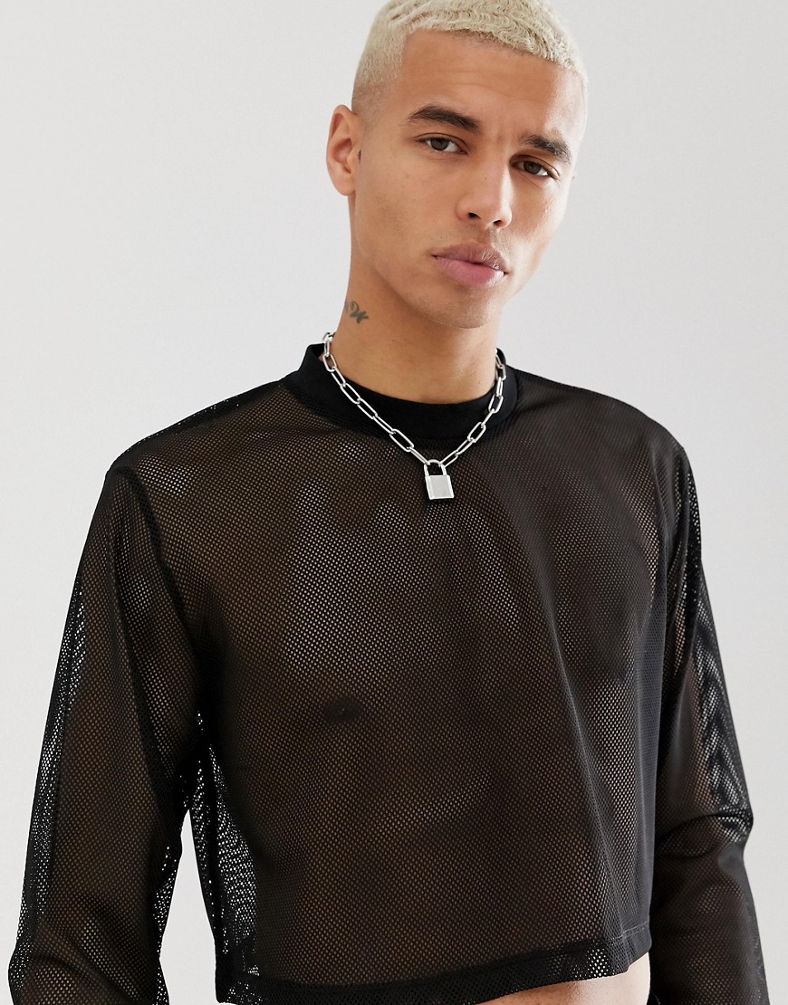 ASOS DESIGN relaxed cropped long sleeve t-shirt in black mesh