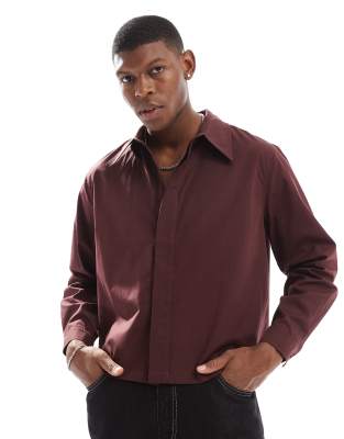Asos Design Relaxed Cropped Poplin Shirt With Hidden Placket In Brown