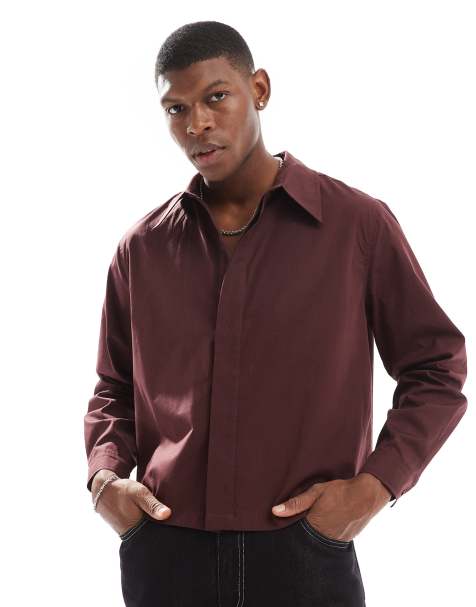 ASOS DESIGN relaxed cropped poplin shirt with hidden placket in brown - view 1
