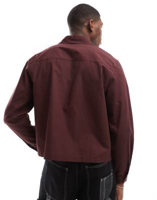 Asos Design Relaxed Cropped Poplin Shirt With Hidden Placket In Brown