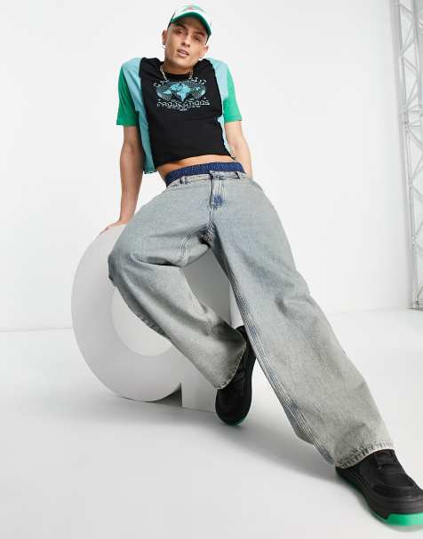 ASOS DESIGN relaxed cropped t-shirt in black and green colour block with front print - view 1