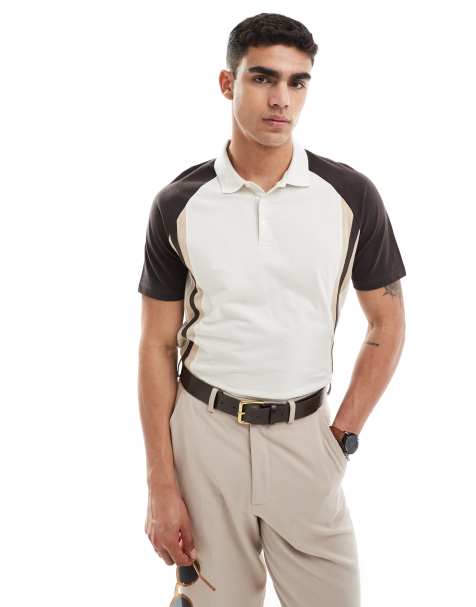 ASOS DESIGN relaxed cut and sew polo in beige - view 1