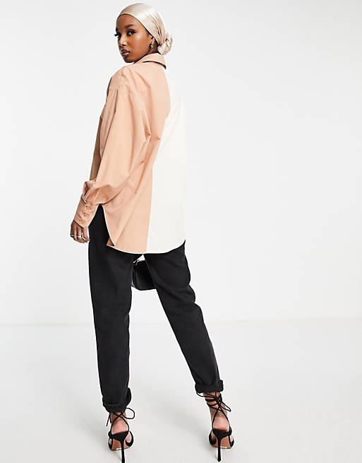 Women Shirts & Blouses/relaxed dad shirt with dipped hem in camel & cream colourblock 