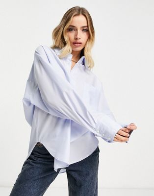 ASOS DESIGN relaxed dad shirt with dipped hem in chambray blue | ASOS
