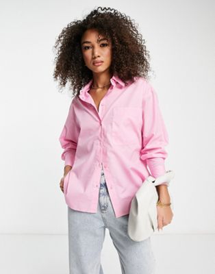 ASOS DESIGN relaxed dad shirt with dipped hem in pale pink