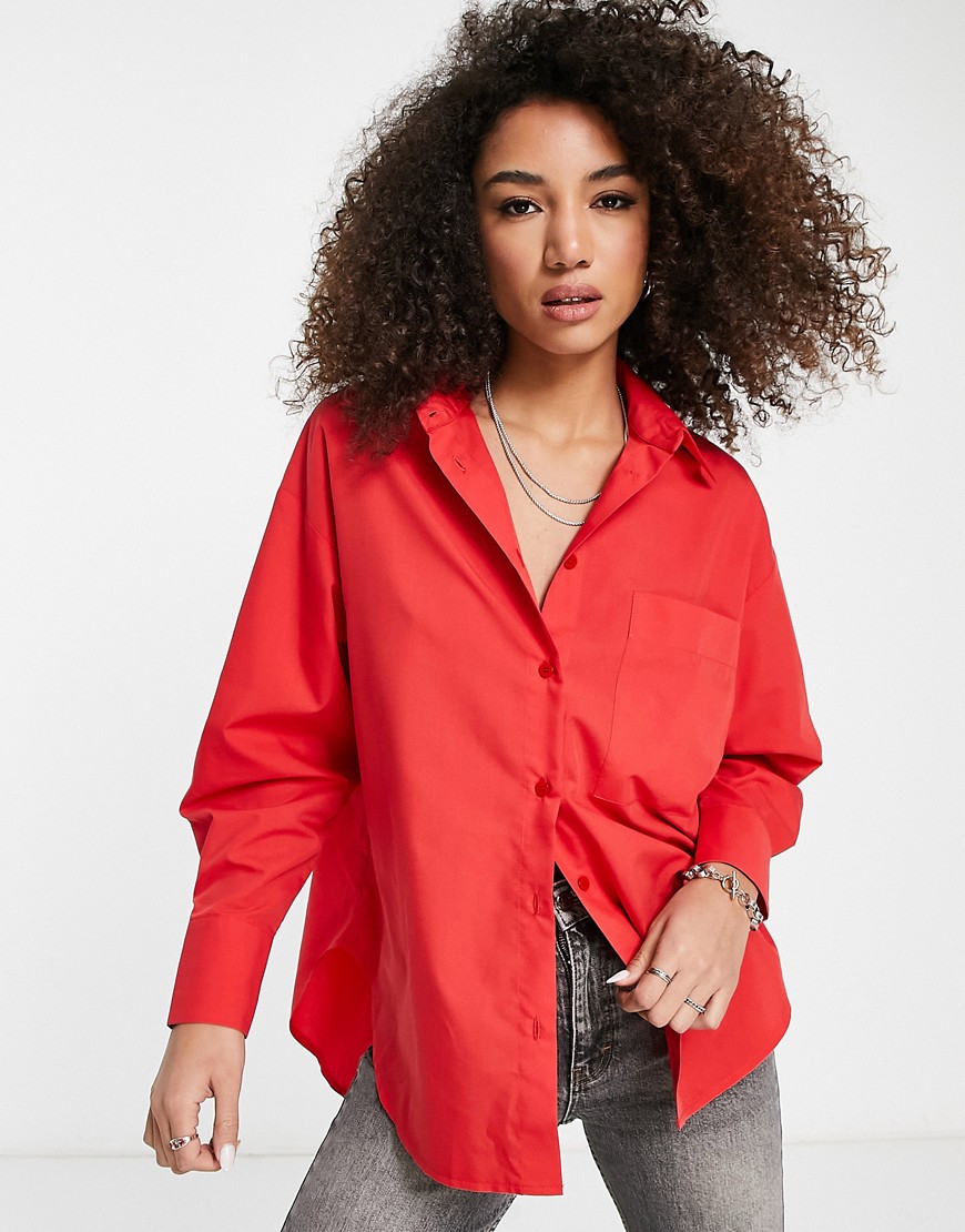 ASOS DESIGN relaxed dad shirt with dipped hem in red