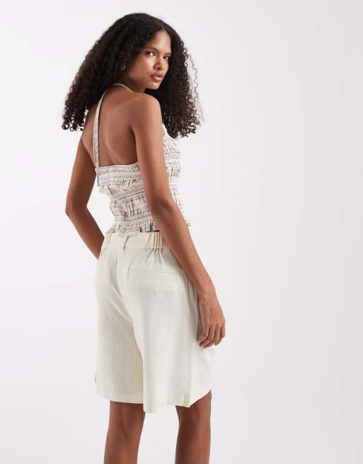 ASOS DESIGN relaxed dad shorts with linen in cream, 4 of 5