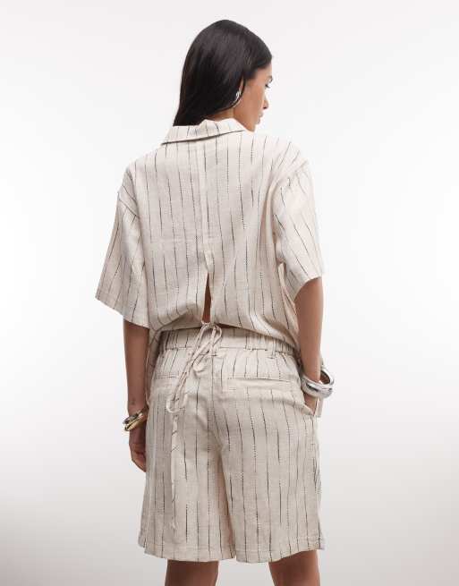 ASOS DESIGN relaxed dad shorts with linen in natural stripe, 5 of 5