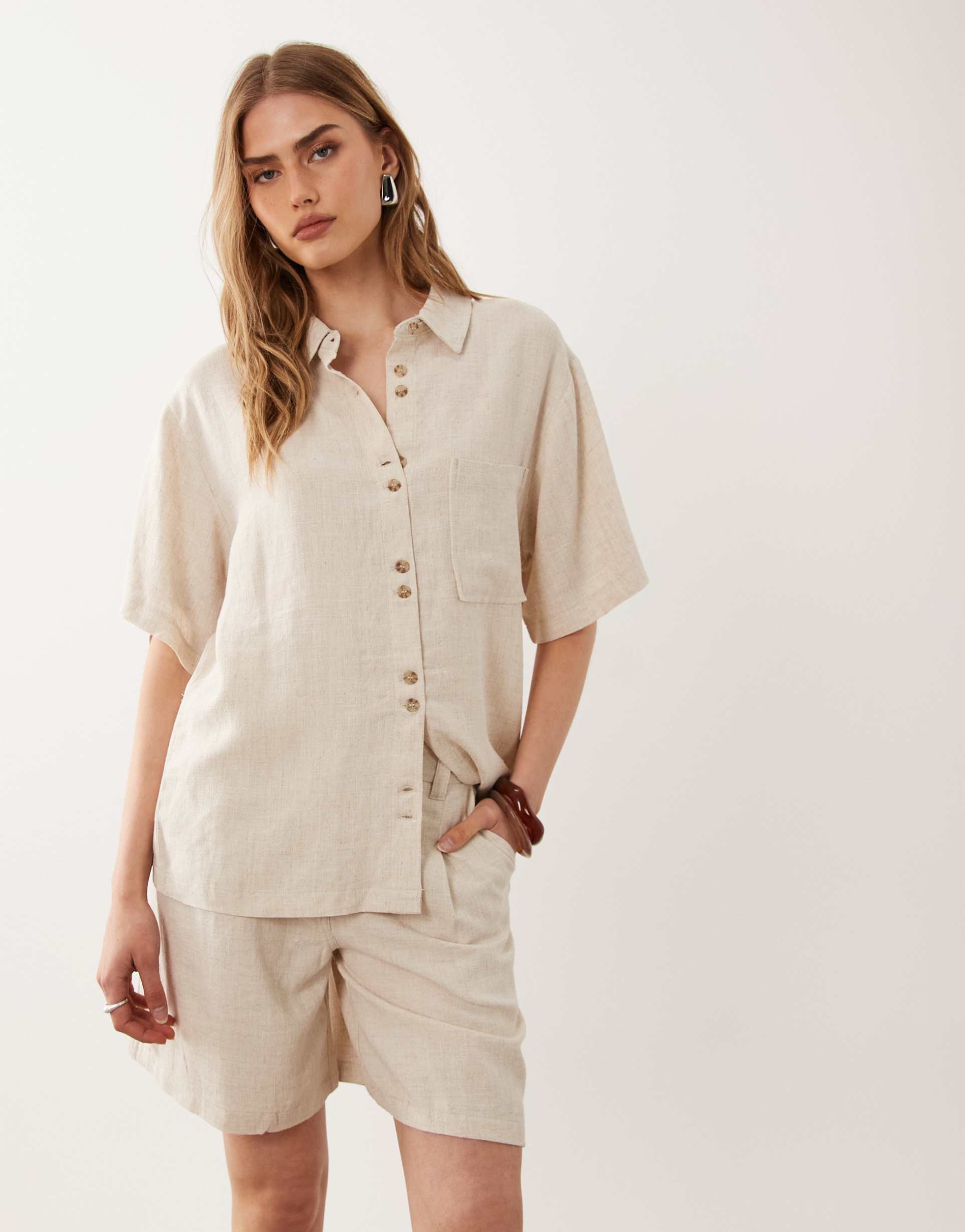 asos design relaxed dad shorts with linen in natural