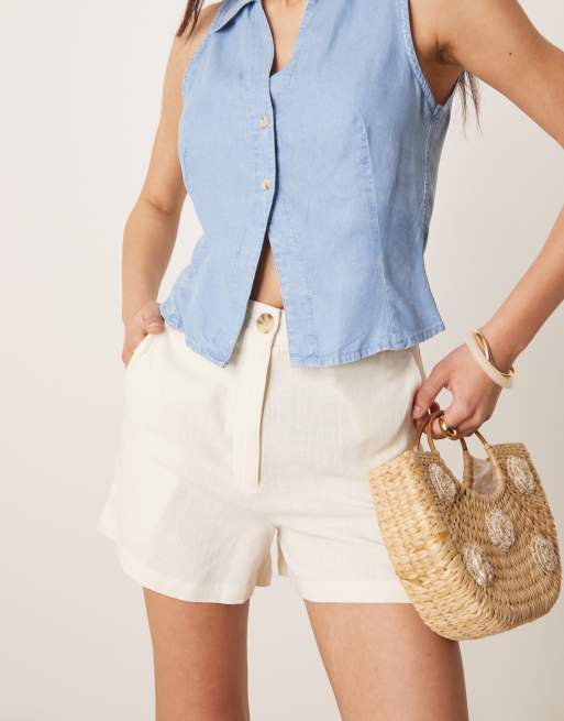 ASOS DESIGN relaxed dad shorts with linen in off-white