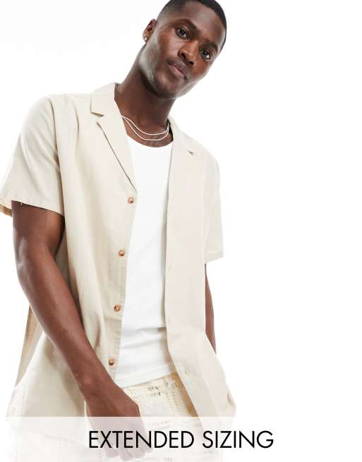 ASOS DESIGN relaxed deep camp collar linen blend shirt in stone