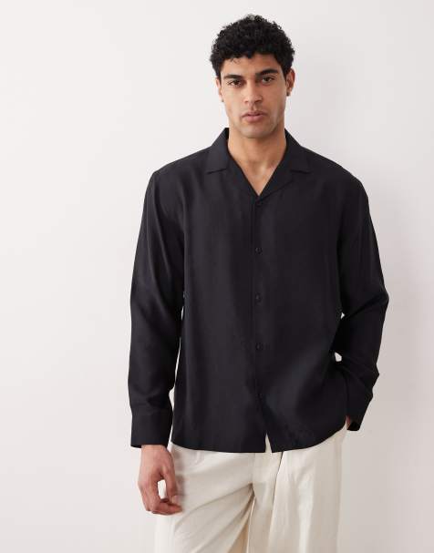 ASOS DESIGN relaxed deep camp collar modal shirt in black - view 1