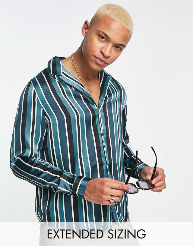 ASOS DESIGN relaxed deep camp collar satin shirt in blue and gray stripe