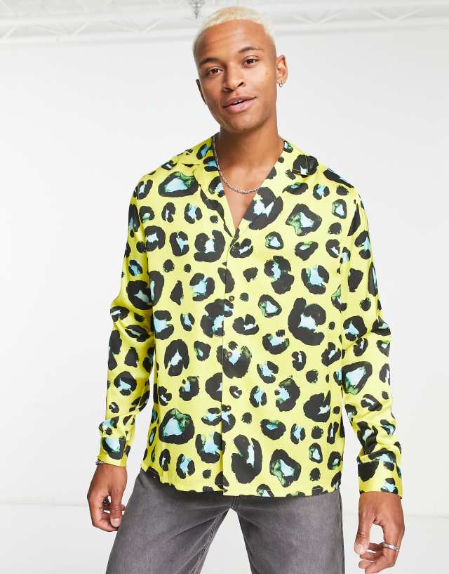 ASOS DESIGN relaxed deep camp collar satin shirt in bright leopard print