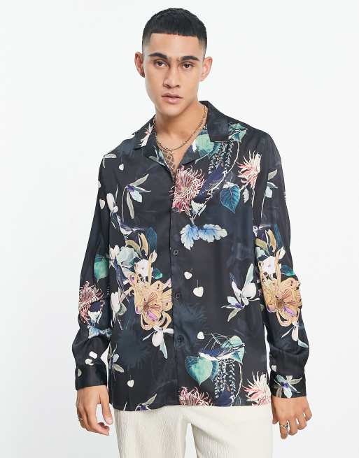 ASOS DESIGN relaxed deep camp collar satin shirt in dark floral print