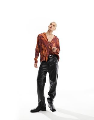 Asos Design Relaxed Deep Camp Collar Satin Shirt In Fall Floral-orange