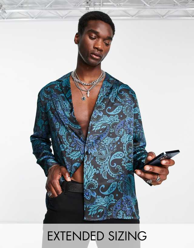 ASOS DESIGN relaxed deep camp collar satin shirt in paisley print