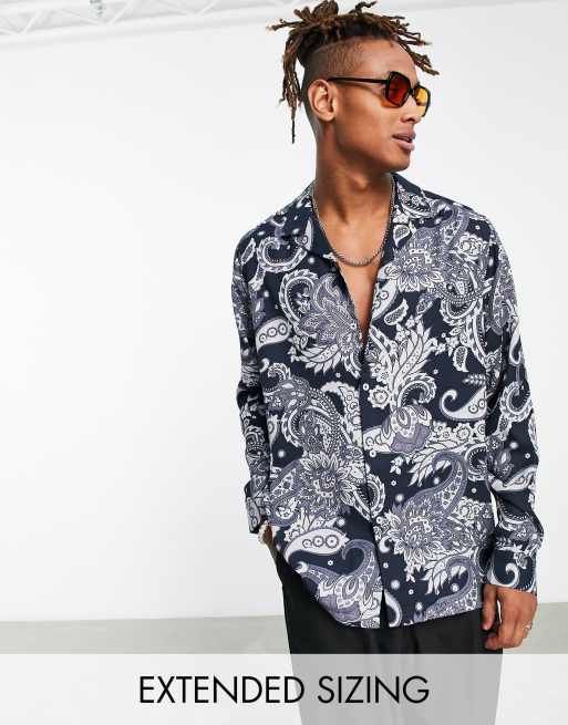 Black Paisley Print Shirt, Men's Tops