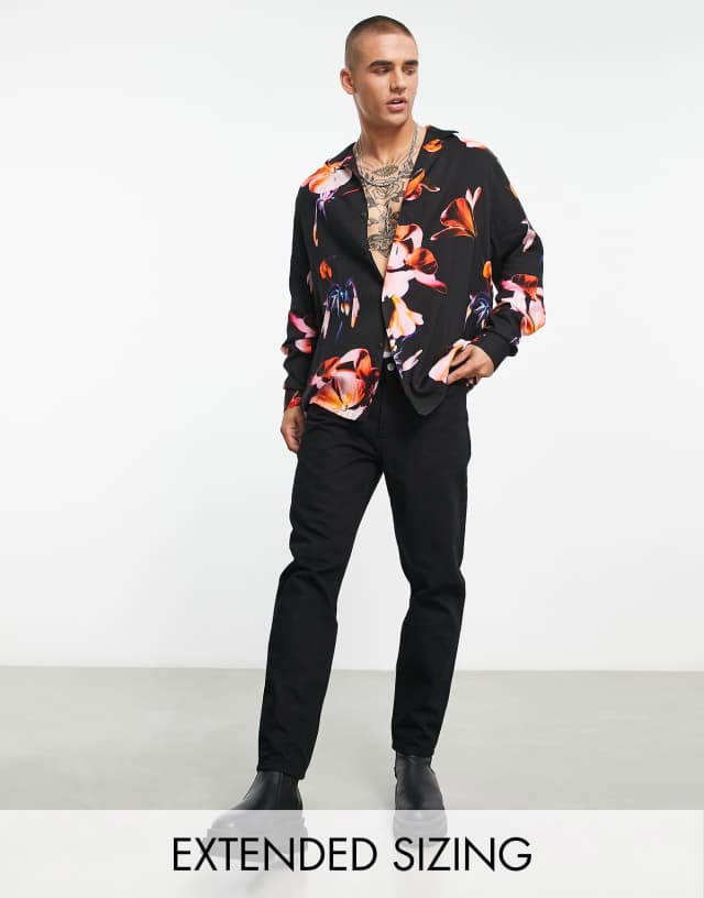 ASOS DESIGN relaxed deep camp collar shirt in black photographic print