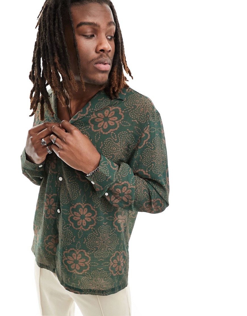 Asos Design Relaxed Deep Camp Collar Shirt In Green Floral Print