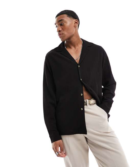 ASOS DESIGN relaxed deep camp collar shirt in lightweight texture in black