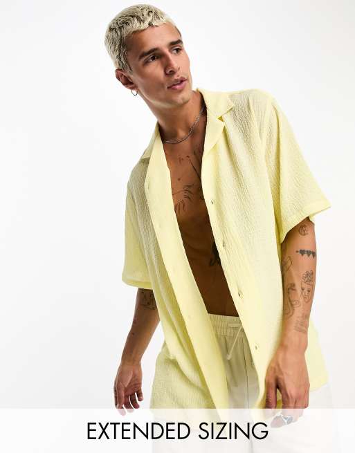 ASOS DESIGN relaxed deep camp collar shirt in lightweight texture in pale  yellow