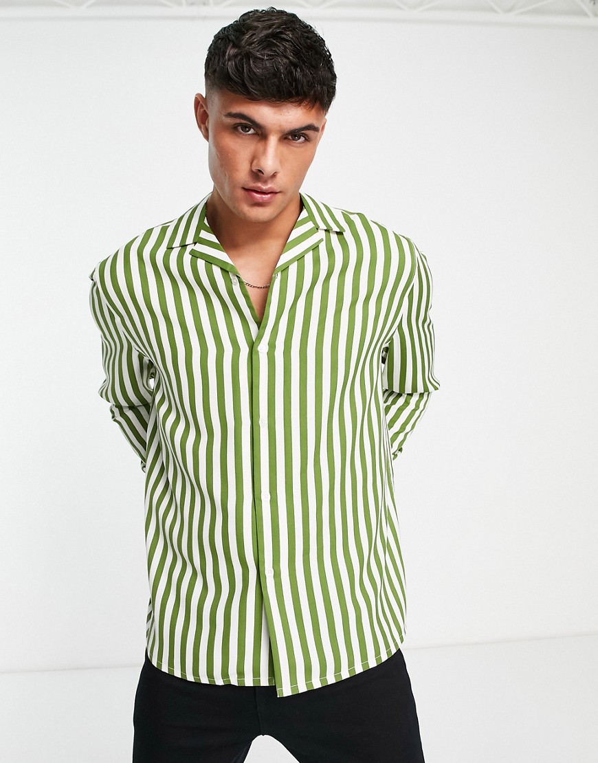 ASOS DESIGN relaxed deep camp collar shirt in olive green stripe