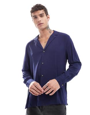 relaxed deep camp collar viscose shirt in navy