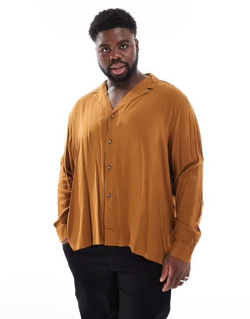 ASOS DESIGN relaxed deep camp collar viscose shirt in tan | ASOS