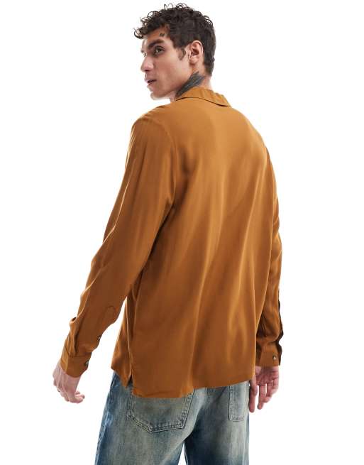 ASOS DESIGN relaxed deep camp collar viscose shirt in tan, 3 of 4