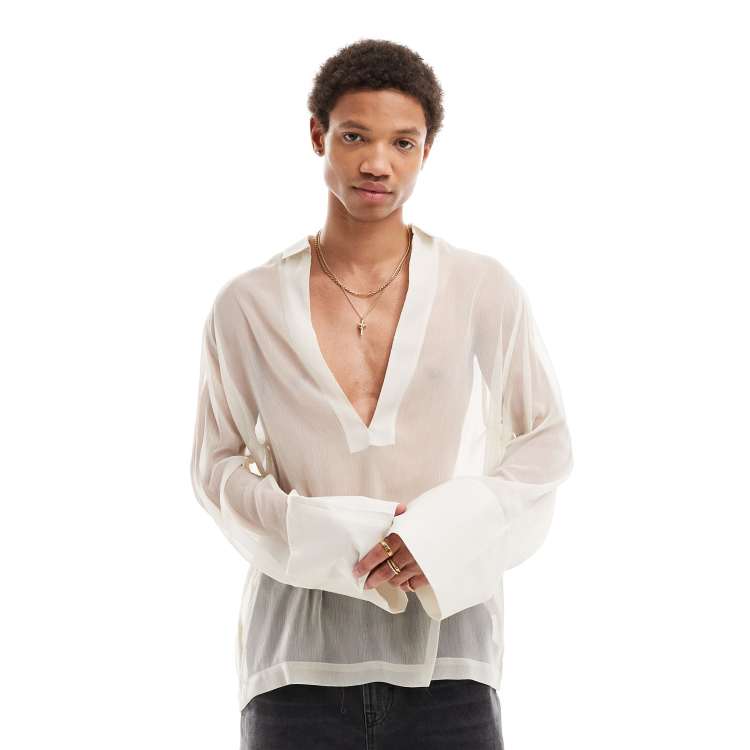 ASOS DESIGN relaxed deep overhead sheer shirt in beige | ASOS