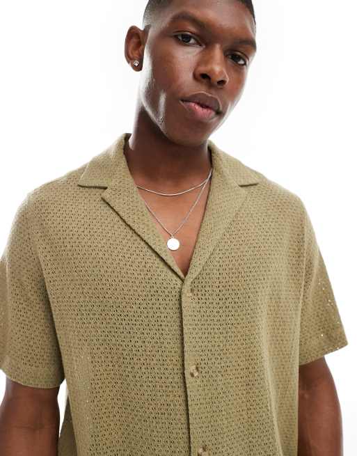 ASOS DESIGN relaxed deep revere basket texture shirt in khaki, 3 of 4