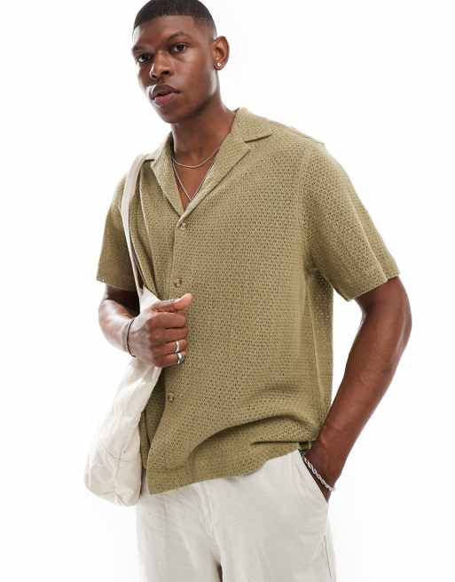 ASOS DESIGN relaxed deep revere basket weave shirt in khaki